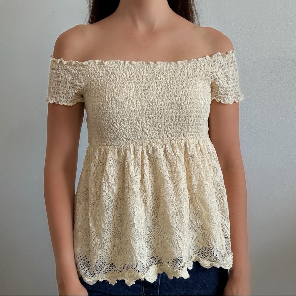 Taylor & Sage cream boho blouse off shoulder lace ruched large babydoll
